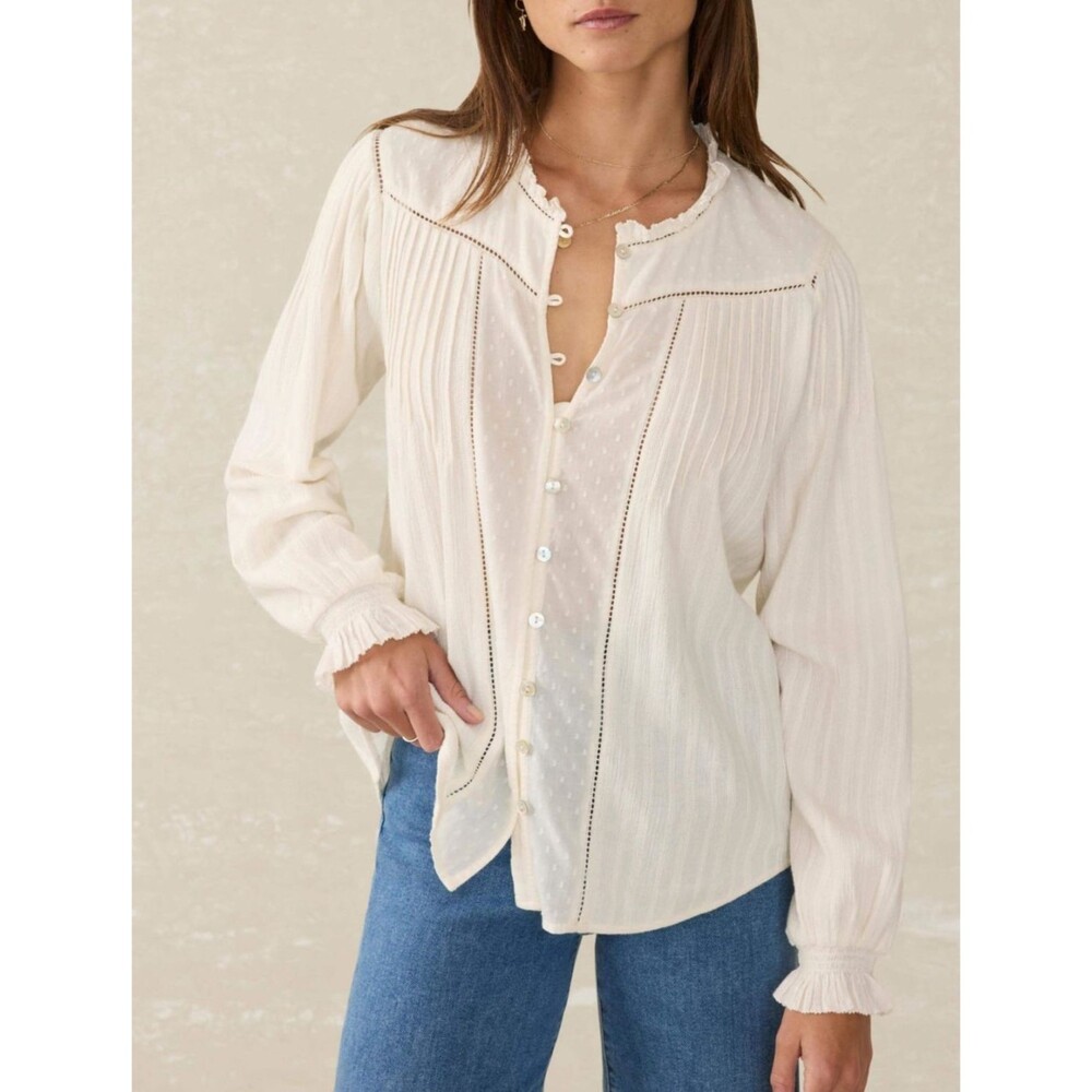 Faherty Women's Lily Blouse Button Top Long Sleeve Organic Cotton Egret XXL 2XL